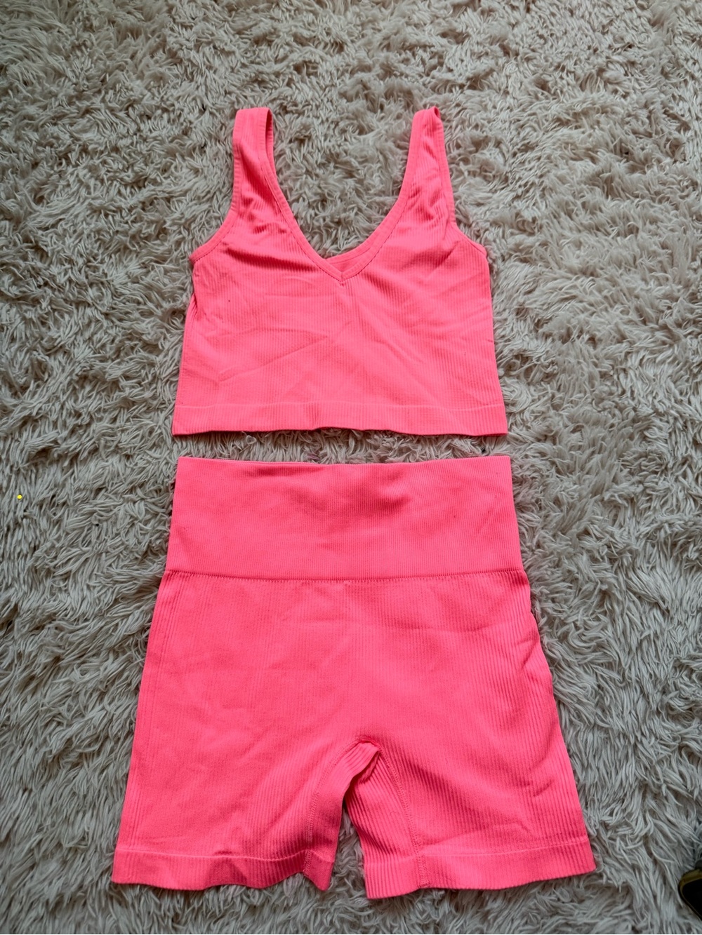 Target Neon Pink Ribbed Active Crop Top and High-Waist Bike Shorts Set